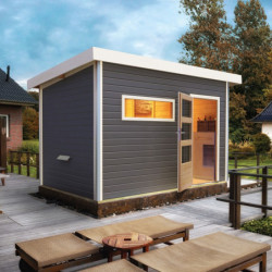 Sauna d'extérieur en bois SKROLLAN 2 anthracite 38mm 4 à 6 places avec porte moderne et vestibule - KARIBU