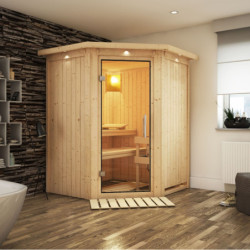 Sauna traditionnel d'angle LARIN 3 à 4 places 68mm avec couronne et porte en verre claire KARIBU