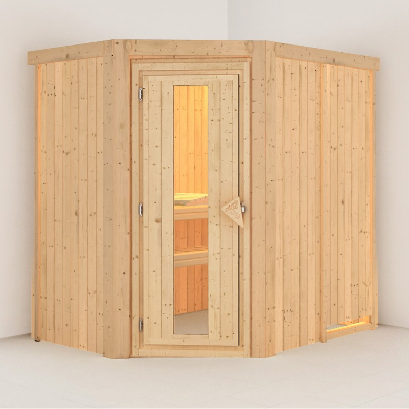 Sauna traditionnel d'angle CARIN 4 à 5 places 68mm sans couronne - avec porte à économie d'énergie KARIBU