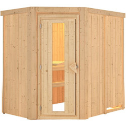 Sauna traditionnel d'angle CARIN 4 à 5 places 68mm sans couronne - avec porte à économie d'énergie KARIBU