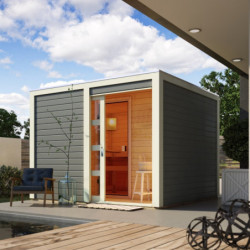 Sauna extérieur Cuben bois laqué gris avec vestibule 5 à 6 places 38mm KARIBU