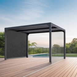 Pergola bioclimatique aluminium anthracite 10,80m² + rideau gris - HABRITA