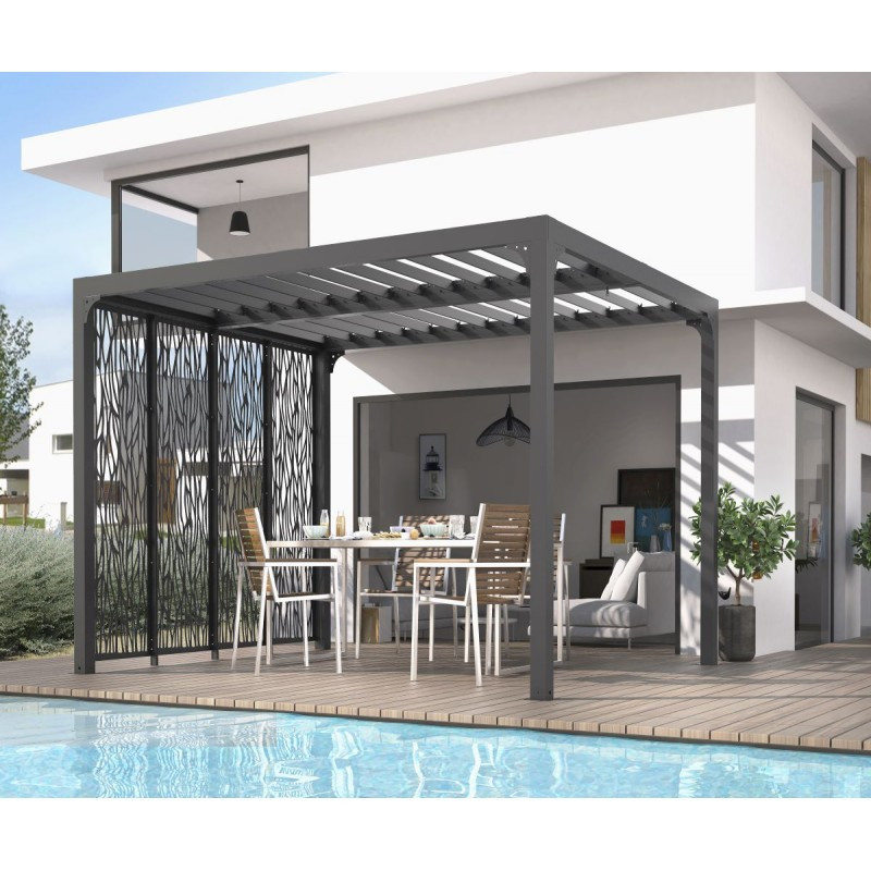 Pergola bioclimatique aluminium anthracite 10,80m² toit avec lames ovales + 4 panneaux moucharabieh gris pour côté 3m HABRITA