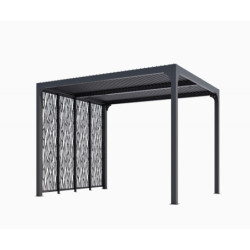 Pergola bioclimatique aluminium anthracite 10,80m² toit avec lames ovales + 4 panneaux moucharabieh gris pour côté 3m HABRITA