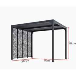Pergola bioclimatique aluminium anthracite 10,80m² toit avec lames ovales + 4 panneaux moucharabieh gris pour côté 3m HABRITA