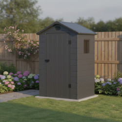 Petit abri de jardin en résine anthracite 1,39m² + kit de fondation - JOBU