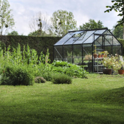 Serre Allium Venus 4,9m² en aluminium laqué gris anthracite et verre trempé 3mm + embase incluse - Natura Lams