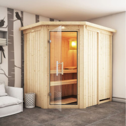 Sauna traditionnel d'angle CARIN 4 à 5 places 68mm avec couronne et porte en verre clair KARIBU