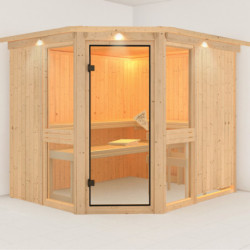 Sauna d'angle Amelia 3 avec couronne et porte classique Karibu