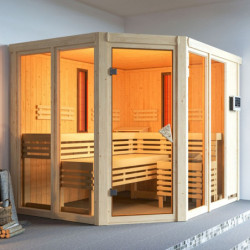 Sauna d'angle multifonctionnel AVA avec poêle Bio 9kW 4 à 5 places 68mm KARIBU