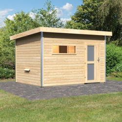 Sauna d'extérieur SKROLLAN 2 en bois massif 38mm 4 à 6 places avec porte opaque et vestibule - KARIBU