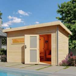 Sauna d'extérieur SKROLLAN 3 en bois massif 38mm 6 à 8 places avec porte opaque et vestibule - KARIBU