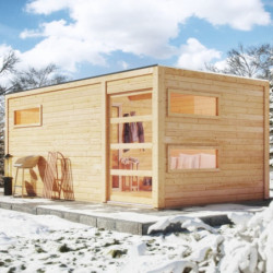 Sauna extérieur Hygge bois naturel avec vestibule et trois fenêtres 6 à 8 places 38mm KARIBU