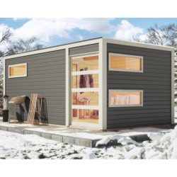 Sauna extérieur Hygge bois laqué gris avec vestibule et trois fenêtres 6 à 8 places 38mm KARIBU