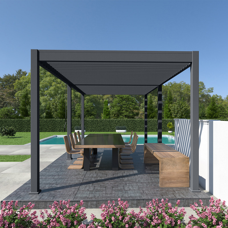 Pergola bioclimatique autoportante en alu anthracite 3x6m Ombrea