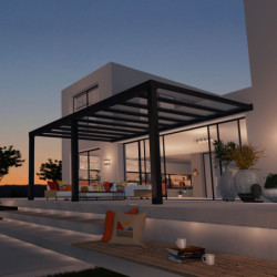 Pergola adossée Stockholm 350x590cm aluminium gris et polycarbonate avec stores de toit rétractables – PALRAM