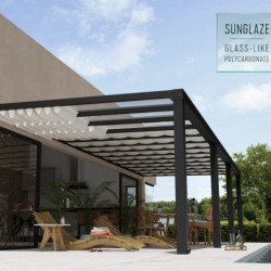 Pergola adossée Stockholm 350x950cm aluminium gris et polycarbonate avec stores de toit rétractables – PALRAM