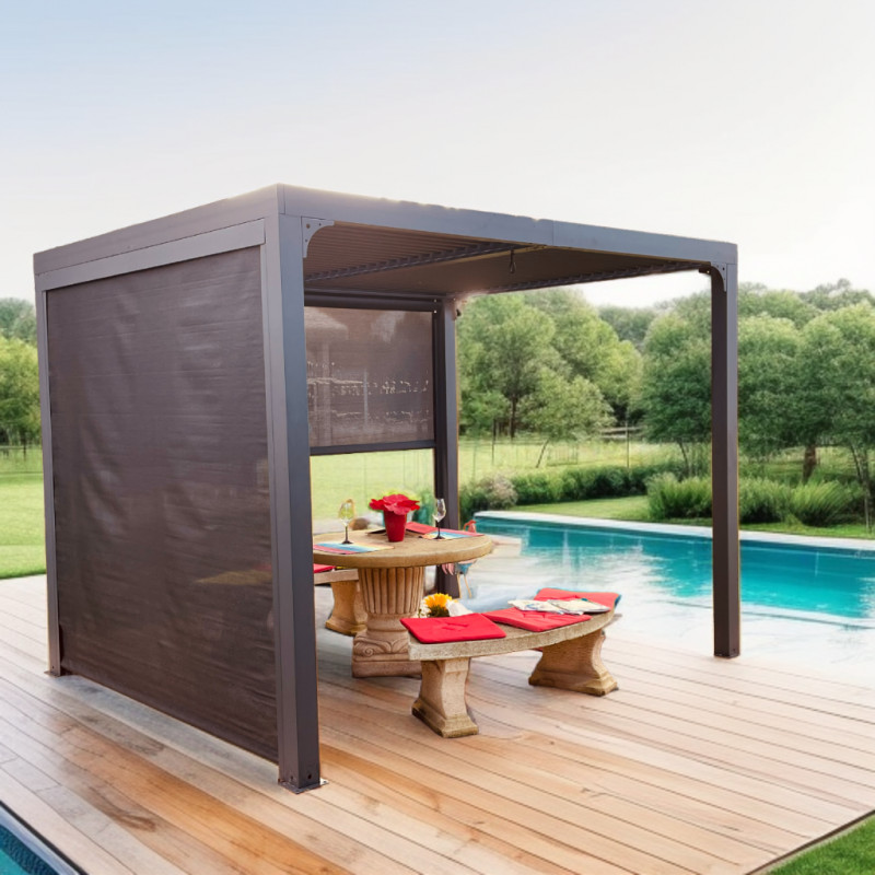 Pergola bioclimatique aluminium anthracite 7,20m² + 2 rideaux gris – HABRITA