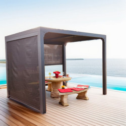 Pergola bioclimatique aluminium anthracite 7,20m² + 2 rideaux gris – HABRITA