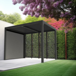 Pergola bioclimatique alu anthracite 7,20m² toit avec lames ovales + 4 panneaux moucharabieh + 1 rideau gris – HABRITA