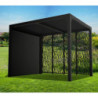 Pergola bioclimatique alu anthracite 7,20m² toit avec lames ovales + 4 panneaux moucharabieh + 1 rideau gris – HABRITA