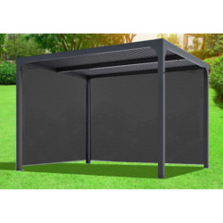 Pergola bioclimatique aluminium anthracite 10,80m² toit avec lames ovales aluminium + 2 rideaux gris pour les côtés – HABRITA