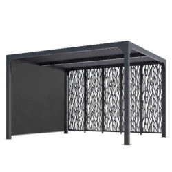 Pergola bioclimatique alu anthracite 10,80m² toit avec lames ovales alu + 5 panneaux moucharabieh + 1 rideau gris – HABRITA