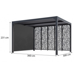 Pergola bioclimatique alu anthracite 10,80m² toit avec lames ovales alu + 5 panneaux moucharabieh + 1 rideau gris – HABRITA