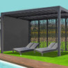 Pergola bioclimatique alu anthracite 10,80m² toit avec lames ovales alu + 5 panneaux moucharabieh + 1 rideau gris – HABRITA