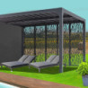 Pergola bioclimatique alu anthracite 10,80m² toit avec lames ovales alu + 5 panneaux moucharabieh + 1 rideau gris – HABRITA