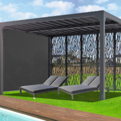 Pergola bioclimatique alu anthracite 10,80m² toit avec lames ovales alu + 5 panneaux moucharabieh + 1 rideau gris – HABRITA