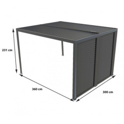 Pergola bioclimatique aluminium anthracite 10,80m² toit avec lames ovales aluminium + ventelles latérales pour côté 3m – HABRITA