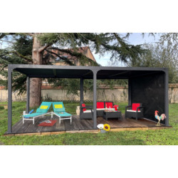 Pergola bioclimatique aluminium anthracite 21,52m² + 1 rideau - HABRITA