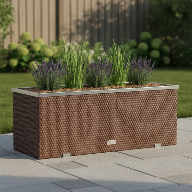 Bac à plantes 108x39x43cm en résine tressée marron clair et acier galvanisé Rattan Art