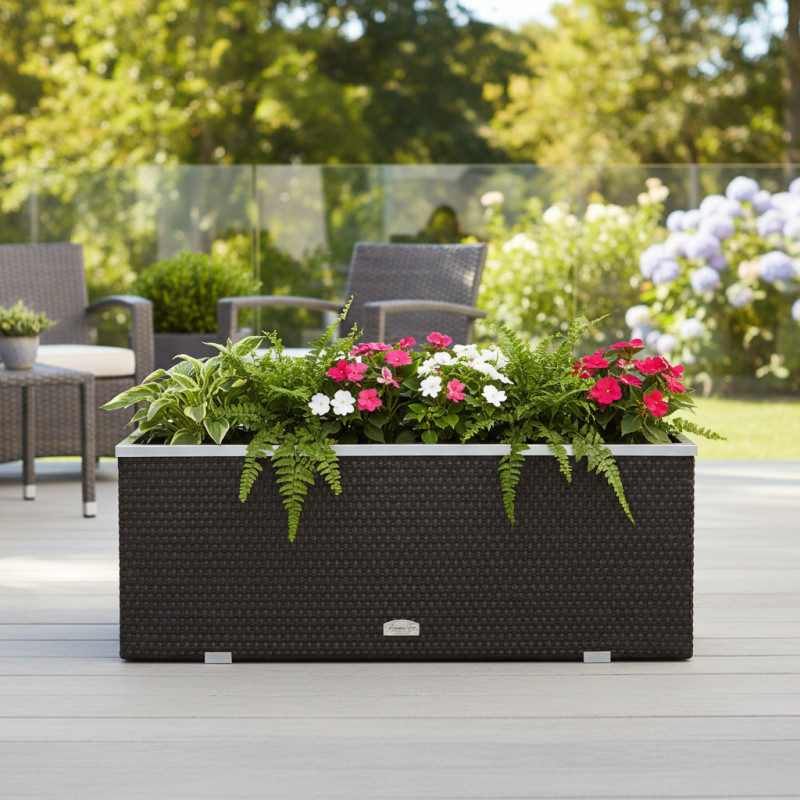 Bac à plantes 108x39x43cm en résine tressée marron foncé et acier galvanisé Rattan Art