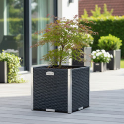 Bac à plantes 46x46x46cm en résine tressée anthracite et acier galvanisé Rattan Art