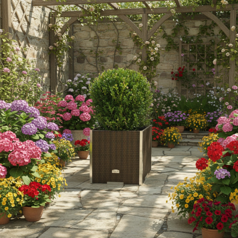 Bac à plantes 46x46x46cm en résine tressée marron foncé nuancé et acier galvanisé Rattan Art