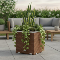 Bac à plantes 50x50x43cm en résine tressée marron clair et acier galvanisé Rattan Art