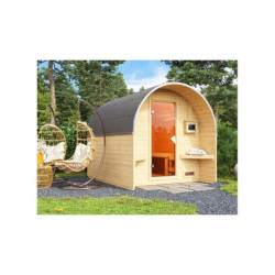 Sauna Tonneau 2 à parois droites avec vestibule - 4 à 6 places bois massif 38mm KARIBU
