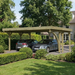 Carport double en bois autoclave 28,3m² avec poteau en arc et toit en PVC gris – KARIBU