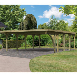 Carport double en bois autoclave 50,9m² avec poteau en arc et toit en PVC gris – KARIBU