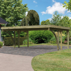 Carport double en bois autoclave 28,3m², toit en acier et deux poteaux en arc – KARIBU