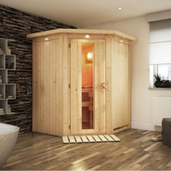 Sauna traditionnel d'angle LARIN 3 à 4 places 68mm avec couronne et porte à économie d'énergie KARIBU