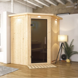 Sauna traditionnel d'angle TAURIN 2 à 3 places 68mm avec couronne et porte moderne KARIBU