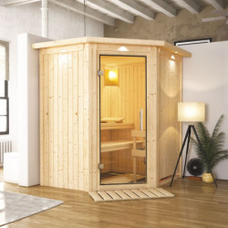 Sauna traditionnel d'angle TAURIN 2 à 3 places 68mm avec couronne et porte en verre clair KARIBU