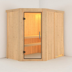 Sauna traditionnel d'angle CARIN 4 à 5 places 68mm sans couronne - avec porte en verre clair KARIBU