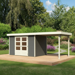Abri de jardin en bois massif gris terre 6,55m² Askola 4 avec appentis 240cm - Karibu