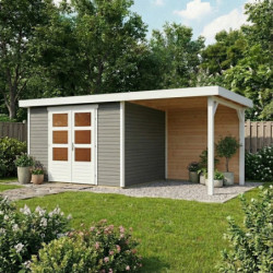 Abri de jardin en bois massif gris terre 6,55m² Askola 4 avec appentis 240cm et paroi arrière - Karibu