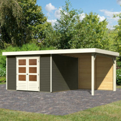 Abri de jardin en bois massif gris terre 9,24m² Askola 6 avec appentis et paroi arrière - Karibu