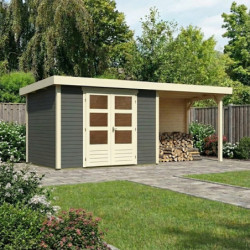 Abri de jardin en bois massif gris terre 6,55m² Askola 4 avec appentis 280cm et paroi arrière – Karibu